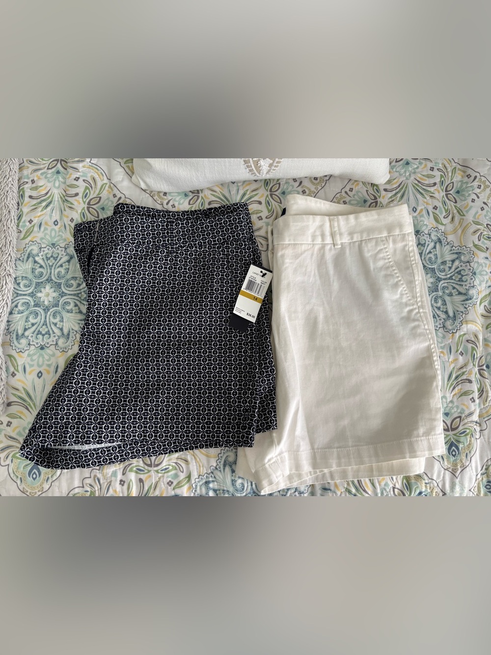 {Land 'N Sea} stretchy white shorts, sz 12 & navy patterned blue size 14 NWT
